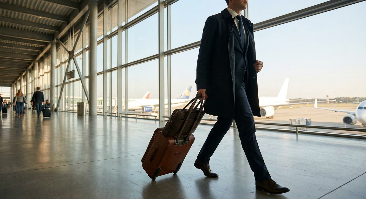 Business professional at international airport — corporate travel cost management guide