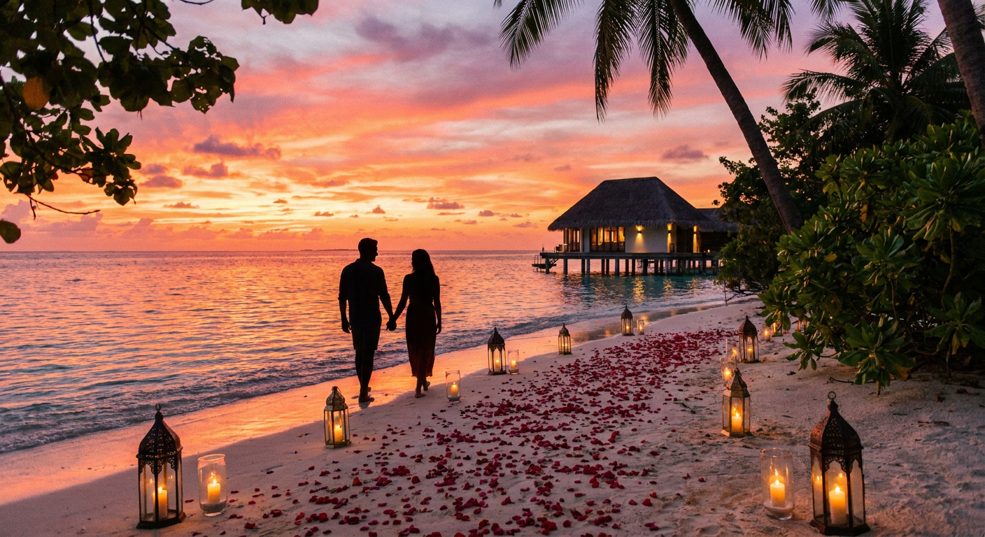 Romantic couple on honeymoon beach at sunset — honeymoon planning guide for Indian couples