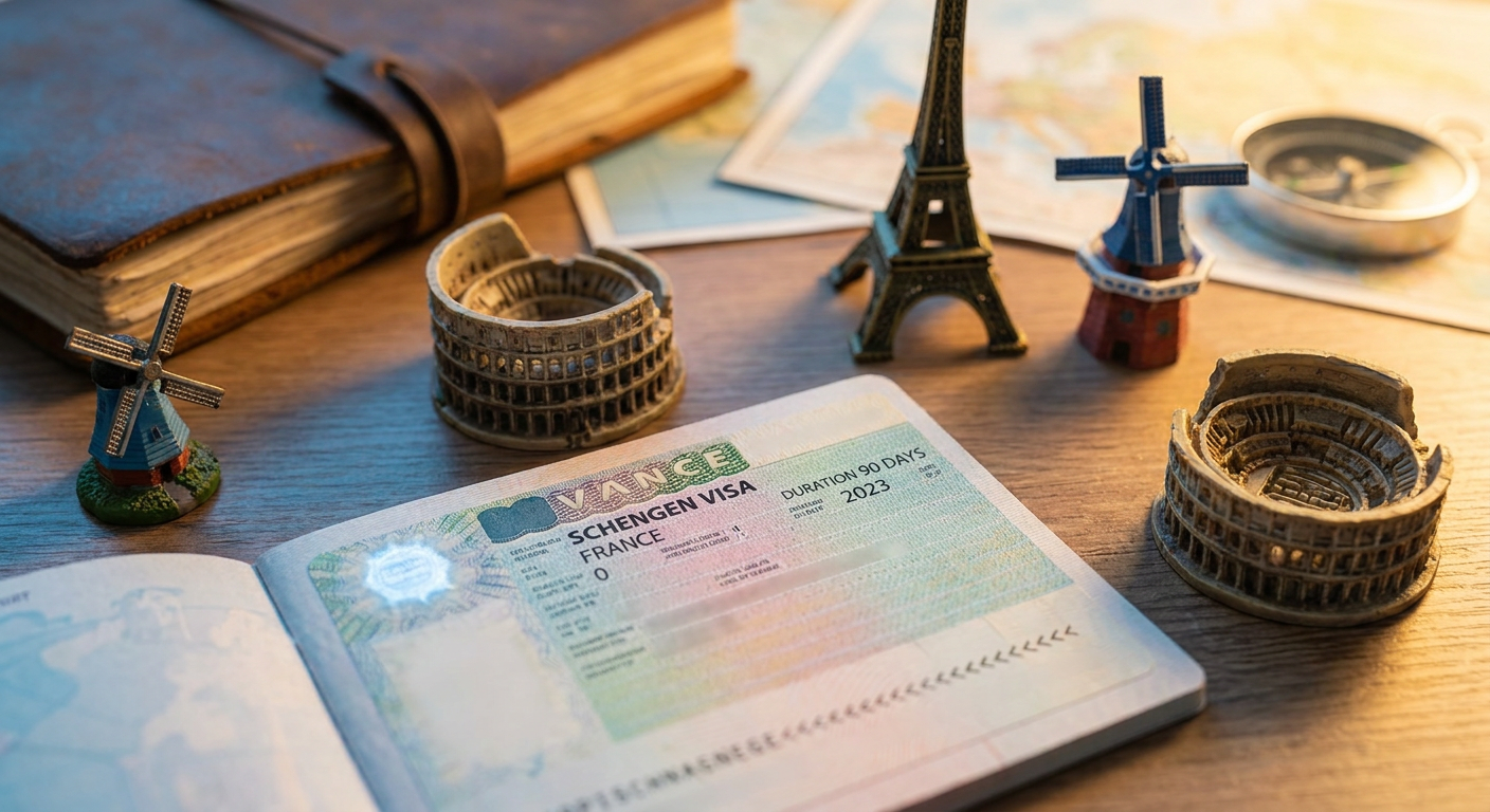 Schengen visa stamp on passport with European landmarks — Schengen visa guide for Indians