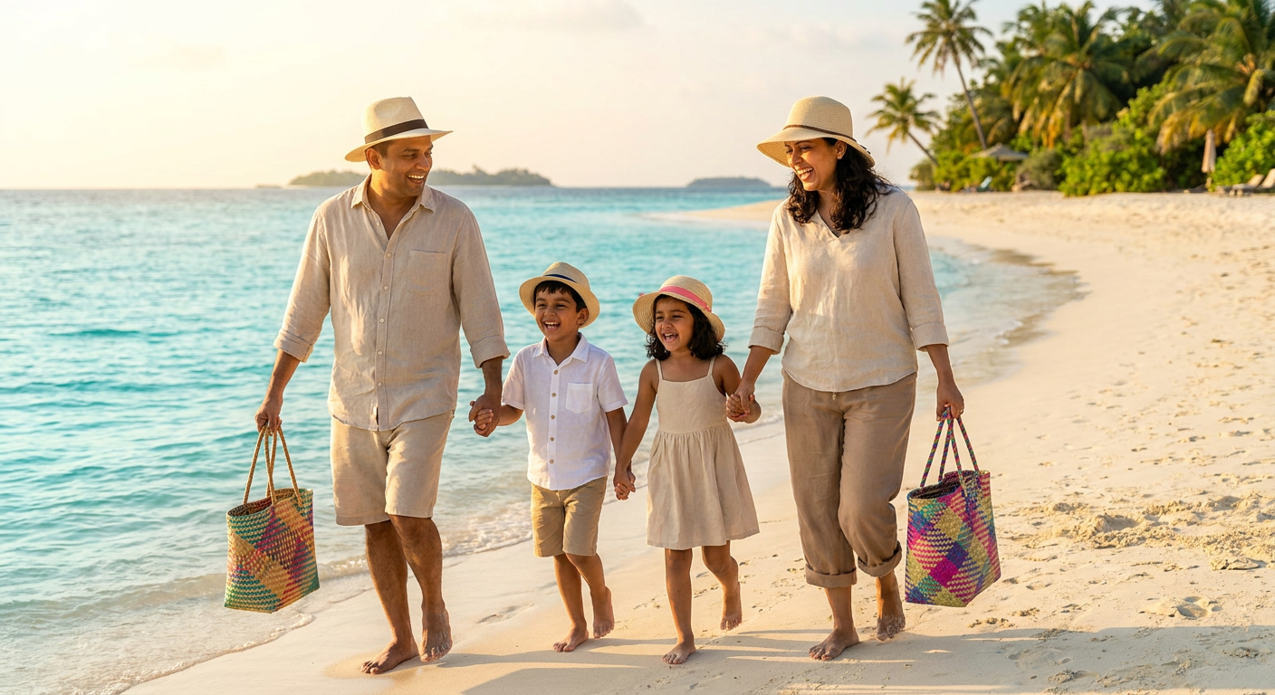 Happy Indian family on tropical beach holiday — family travel tips for travelling with kids